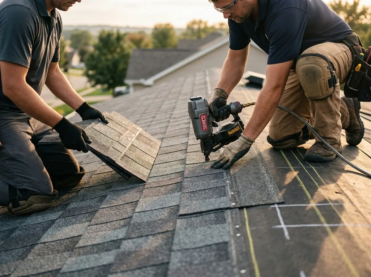Professional roofer working on a residential roof in Thousand Palms